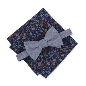 Bar III Men Kanupp Solid Bow Tie & Floral Pocket Square Set Navy Multi